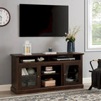 Meuble TV moderne Meuble de télévision Meuble console moderne pour TV jusqu'à 65 pouces avec porte vitrée et espaces de rangement ouverts et fermés