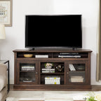 Meuble TV moderne Meuble de télévision Meuble console moderne pour TV jusqu'à 65 pouces avec porte vitrée et espaces de rangement ouverts et fermés