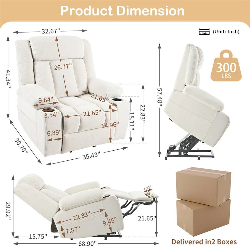 Fauteuil inclinable releveur électrique en velours flocon de neige avec repose-pieds étendu
