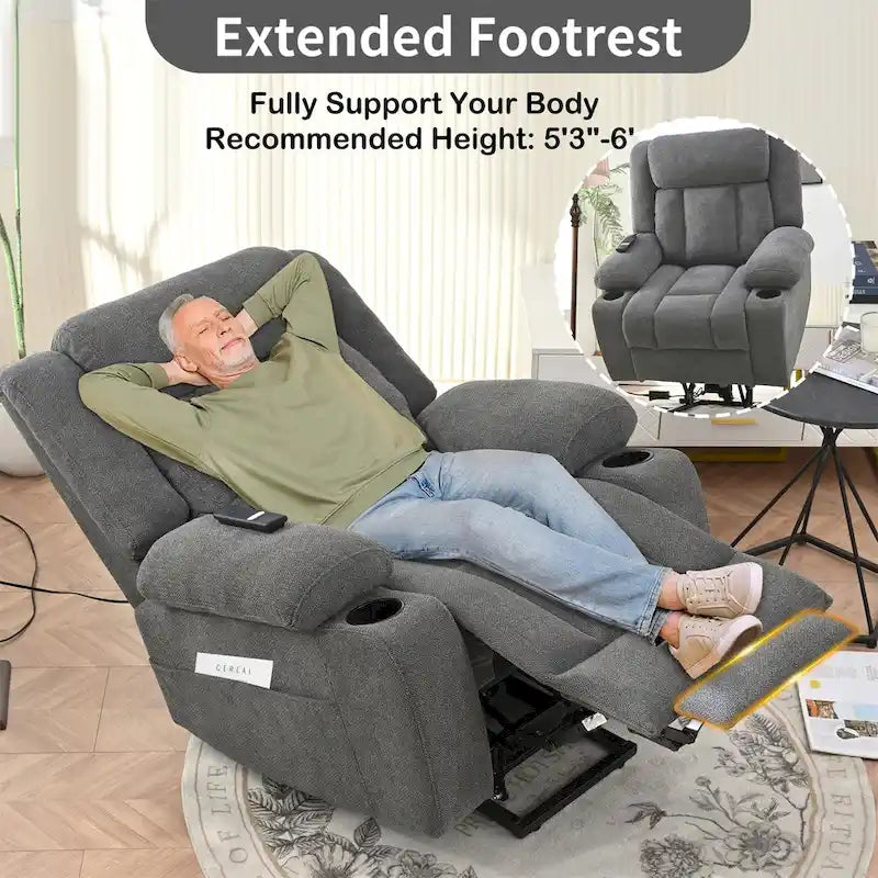Fauteuil inclinable releveur électrique en velours flocon de neige avec repose-pieds étendu