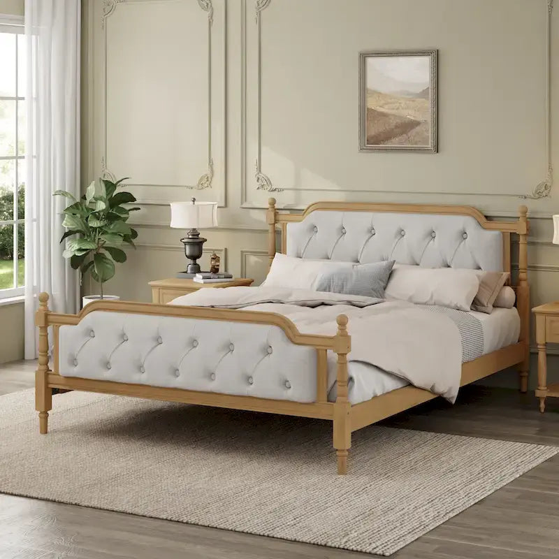 Lit double plateforme en bois avec tête de lit capitonnée, design élégant fait main, lattes en bois robustes