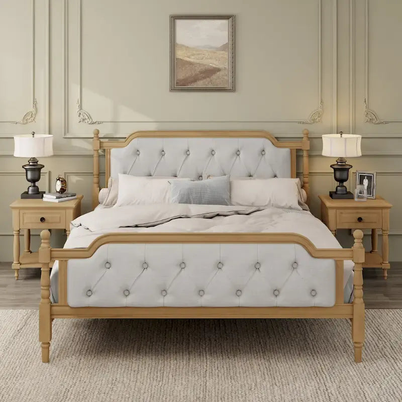 Lit double plateforme en bois avec tête de lit capitonnée, design élégant fait main, lattes en bois robustes