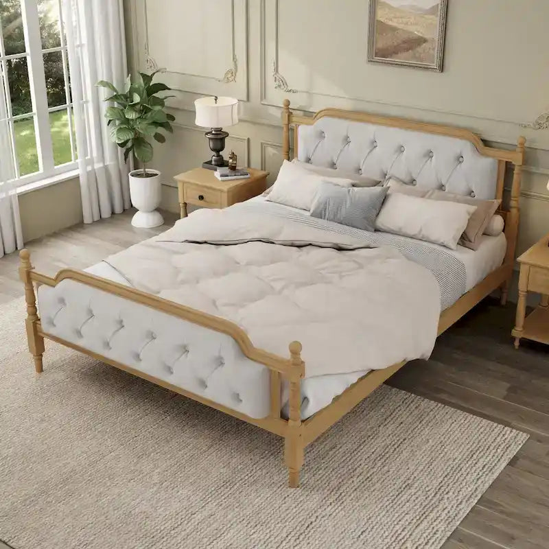 Lit double plateforme en bois avec tête de lit capitonnée, design élégant fait main, lattes en bois robustes