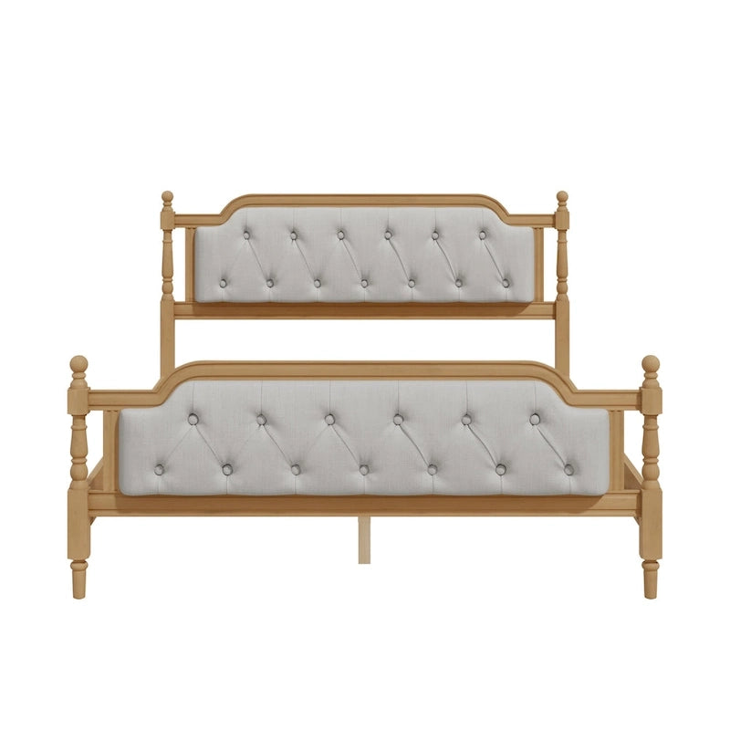 Lit double plateforme en bois avec tête de lit capitonnée, design élégant fait main, lattes en bois robustes