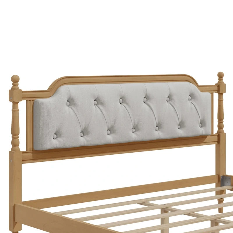 Lit double plateforme en bois avec tête de lit capitonnée, design élégant fait main, lattes en bois robustes