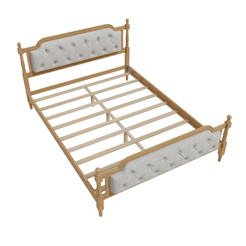 Lit double plateforme en bois avec tête de lit capitonnée, design élégant fait main, lattes en bois robustes