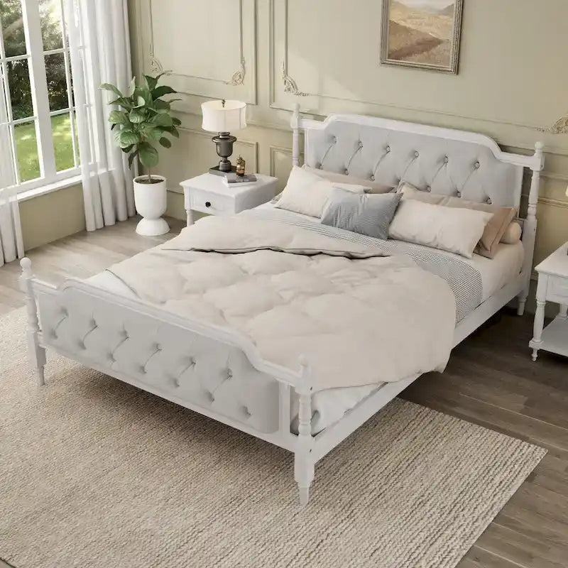 Lit double plateforme en bois avec tête de lit capitonnée, design élégant fait main, lattes en bois robustes
