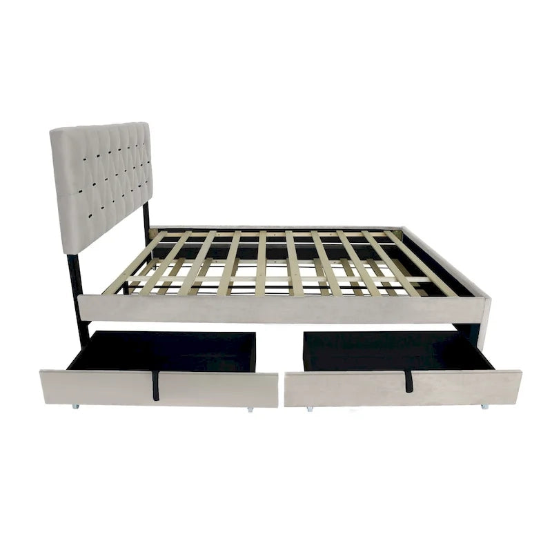 Lit plate-forme Queen Size avec tête de lit capitonnée dorée avec lit gigogne et tiroirs de rangement (capacité de 272 kg)
