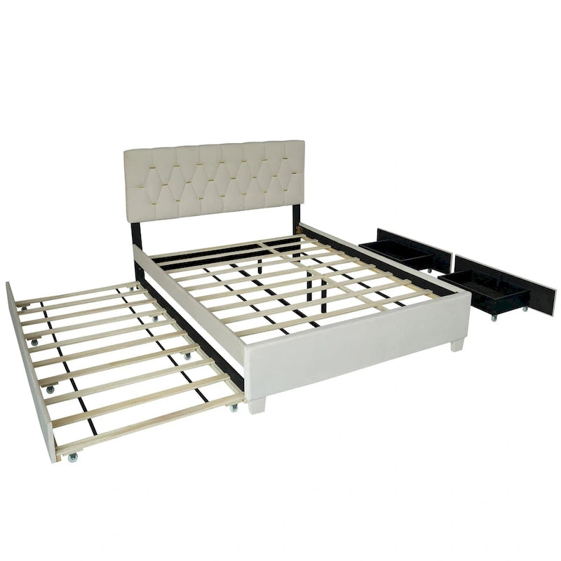 Lit plate-forme Queen Size avec tête de lit capitonnée dorée avec lit gigogne et tiroirs de rangement (capacité de 272 kg)