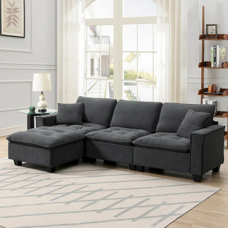 Canapé d'angle modulable 4 places gris 100 avec ottoman amovible et coussins assortis, parfait pour le salon