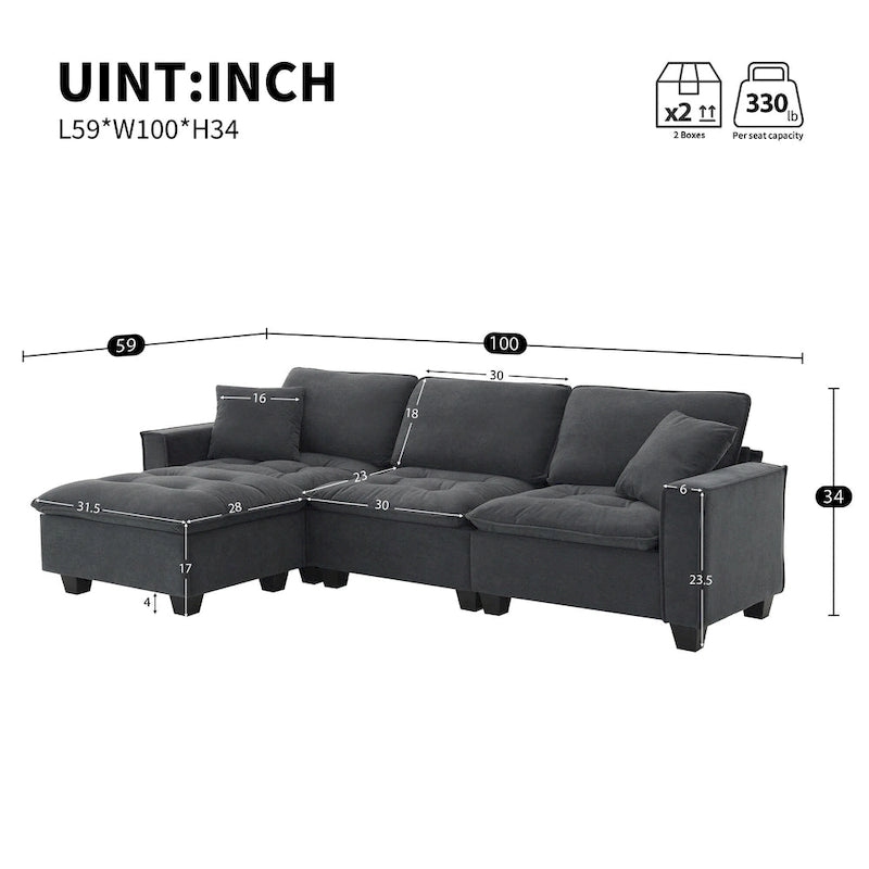 Canapé d'angle modulable 4 places gris 100 avec ottoman amovible et coussins assortis, parfait pour le salon