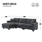 Canapé d'angle modulable 4 places gris 100 avec ottoman amovible et coussins assortis, parfait pour le salon