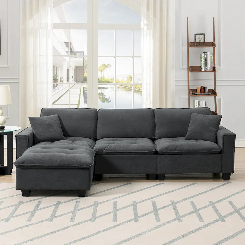 Canapé d'angle modulable 4 places gris 100 avec ottoman amovible et coussins assortis, parfait pour le salon