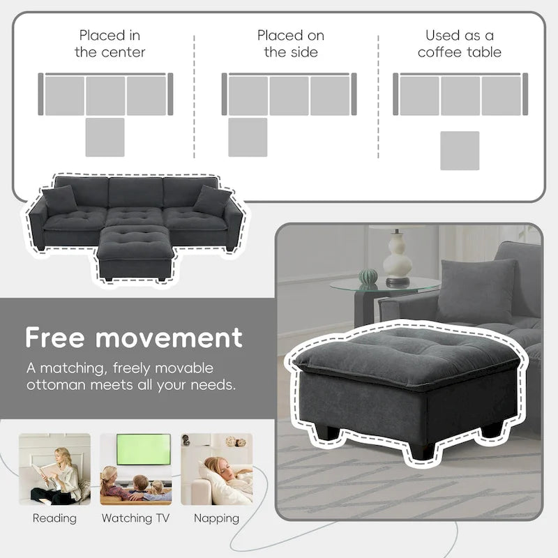 Canapé d'angle modulable 4 places gris 100 avec ottoman amovible et coussins assortis, parfait pour le salon