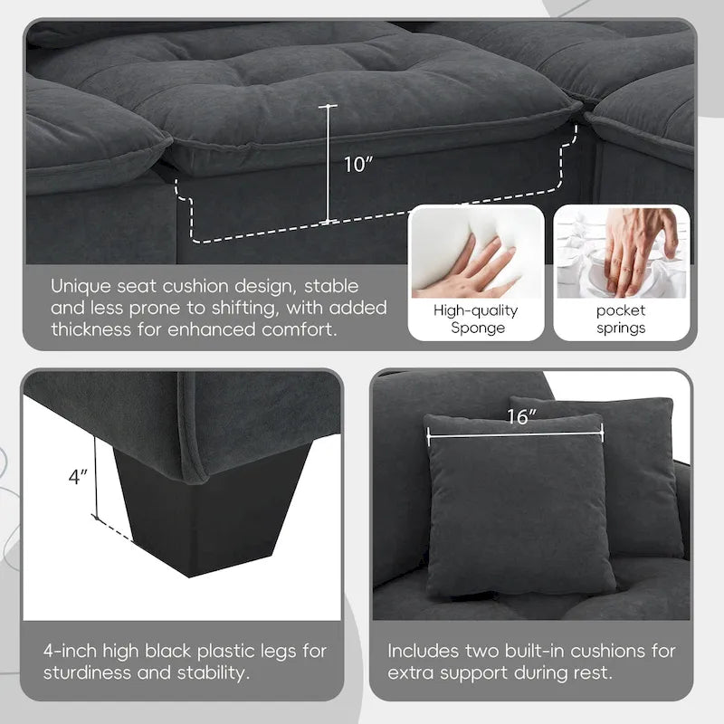 Canapé d'angle modulable 4 places gris 100 avec ottoman amovible et coussins assortis, parfait pour le salon