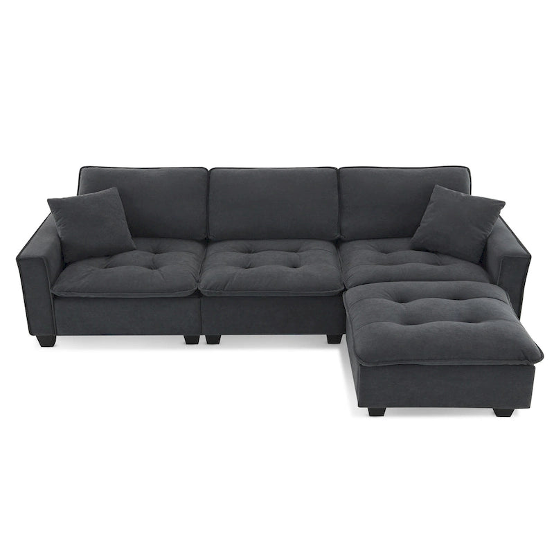Canapé d'angle modulable 4 places gris 100 avec ottoman amovible et coussins assortis, parfait pour le salon
