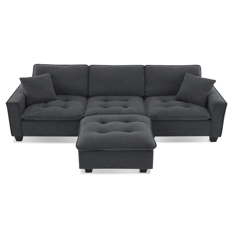 Canapé d'angle modulable 4 places gris 100 avec ottoman amovible et coussins assortis, parfait pour le salon