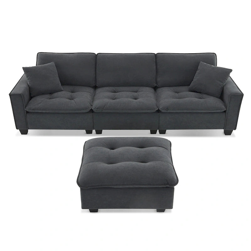 Canapé d'angle modulable 4 places gris 100 avec ottoman amovible et coussins assortis, parfait pour le salon