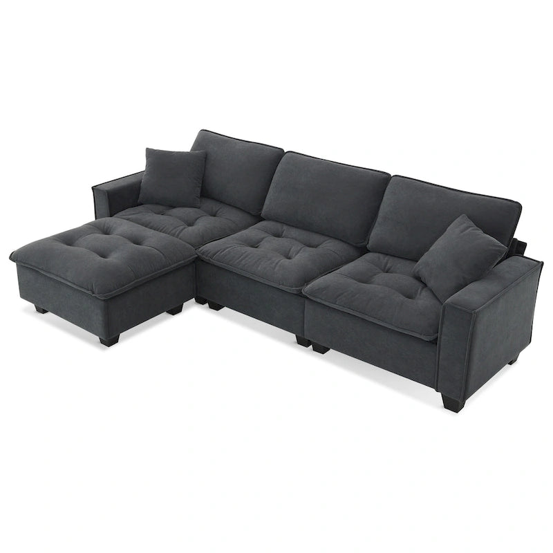 Canapé d'angle modulable 4 places gris 100 avec ottoman amovible et coussins assortis, parfait pour le salon