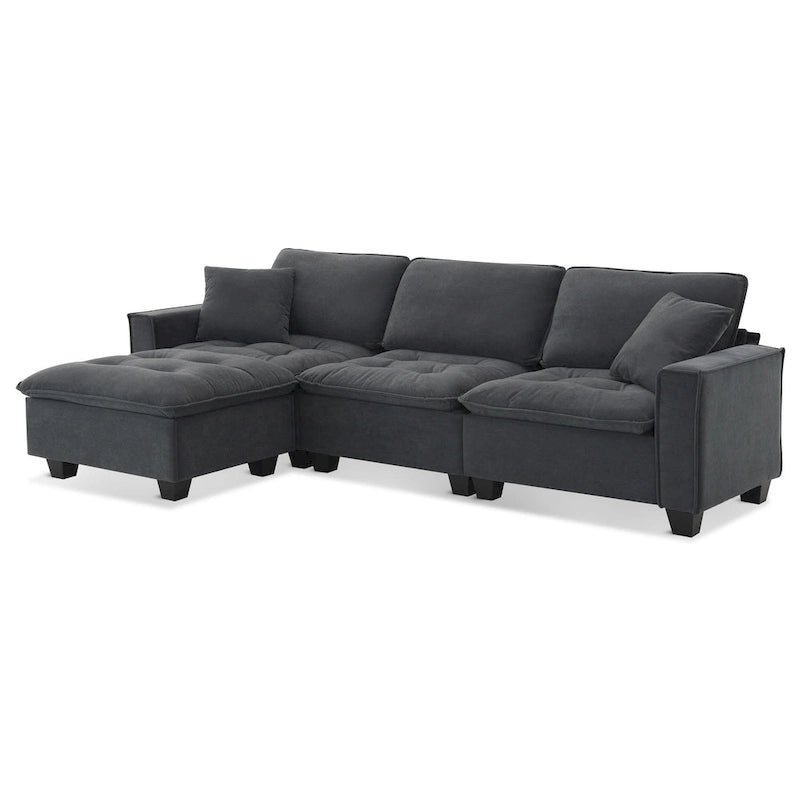 Canapé d'angle modulable 4 places gris 100 avec ottoman amovible et coussins assortis, parfait pour le salon