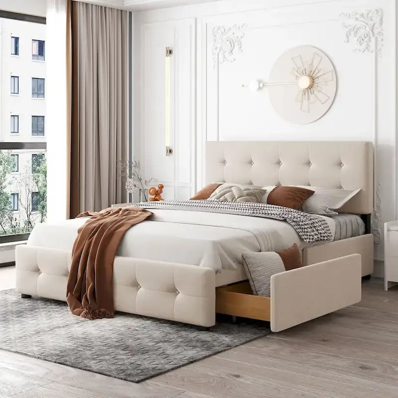 Cadre de lit plateforme capitonné en lin, grand lit (Queen Size), avec 4 tiroirs de rangement