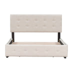 Cadre de lit plateforme capitonné en lin, grand lit (Queen Size), avec 4 tiroirs de rangement