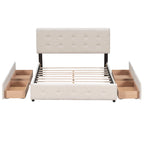 Cadre de lit plateforme capitonné en lin, grand lit (Queen Size), avec 4 tiroirs de rangement