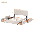Cadre de lit plateforme capitonné en lin, grand lit (Queen Size), avec 4 tiroirs de rangement