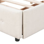 Cadre de lit plateforme capitonné en lin, grand lit (Queen Size), avec 4 tiroirs de rangement