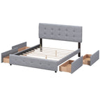 Cadre de lit plateforme capitonné en lin, grand lit (Queen Size), avec 4 tiroirs de rangement