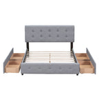 Cadre de lit plateforme capitonné en lin, grand lit (Queen Size), avec 4 tiroirs de rangement