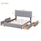 Cadre de lit plateforme capitonné en lin, grand lit (Queen Size), avec 4 tiroirs de rangement