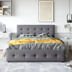 Cadre de lit plateforme capitonné en lin, grand lit (Queen Size), avec 4 tiroirs de rangement