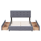Cadre de lit plateforme capitonné en lin, grand lit (Queen Size), avec 4 tiroirs de rangement
