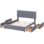 Cadre de lit plateforme capitonné en lin, grand lit (Queen Size), avec 4 tiroirs de rangement