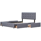 Cadre de lit plateforme capitonné en lin, grand lit (Queen Size), avec 4 tiroirs de rangement