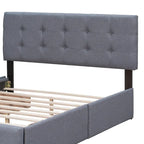 Cadre de lit plateforme capitonné en lin, grand lit (Queen Size), avec 4 tiroirs de rangement