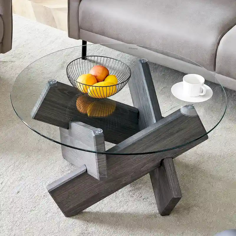 Table basse ronde moderne de 33,4 po avec plateau en verre trempé transparent et pieds en MDF pour le salon