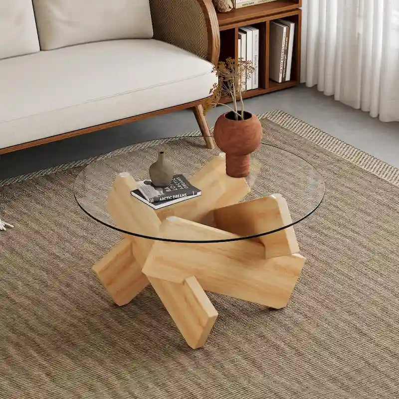 Table basse ronde moderne de 33,4 po avec plateau en verre trempé transparent et pieds en MDF pour le salon
