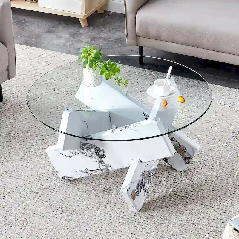 Table basse ronde moderne de 33,4 po avec plateau en verre trempé transparent et pieds en MDF pour le salon