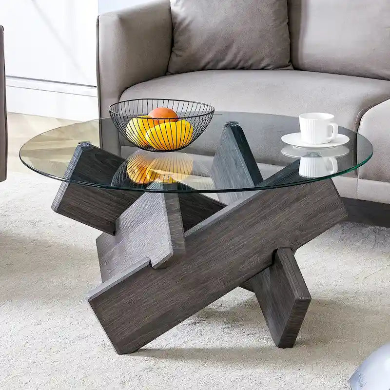 Table basse ronde moderne de 33,4 po avec plateau en verre trempé transparent et pieds en MDF pour le salon