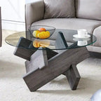 Table basse ronde moderne de 33,4 po avec plateau en verre trempé transparent et pieds en MDF pour le salon