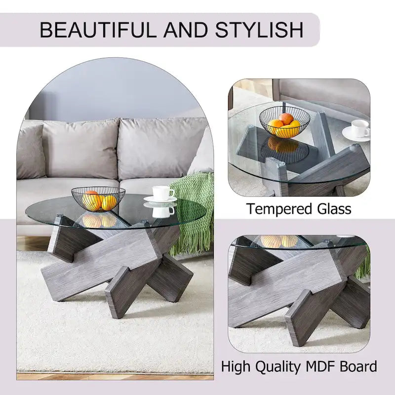 Table basse ronde moderne de 33,4 po avec plateau en verre trempé transparent et pieds en MDF pour le salon