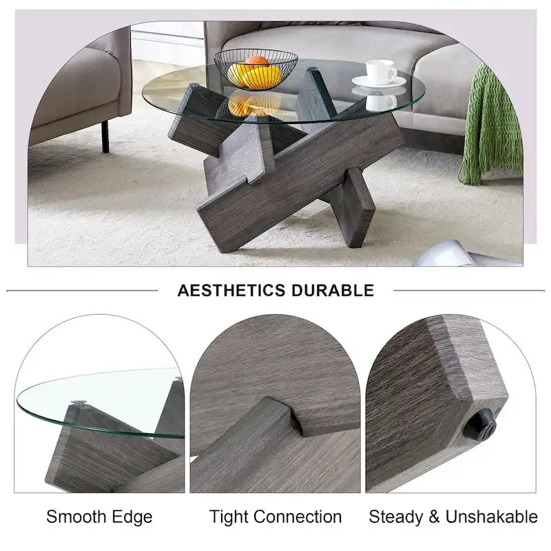 Table basse ronde moderne de 33,4 po avec plateau en verre trempé transparent et pieds en MDF pour le salon