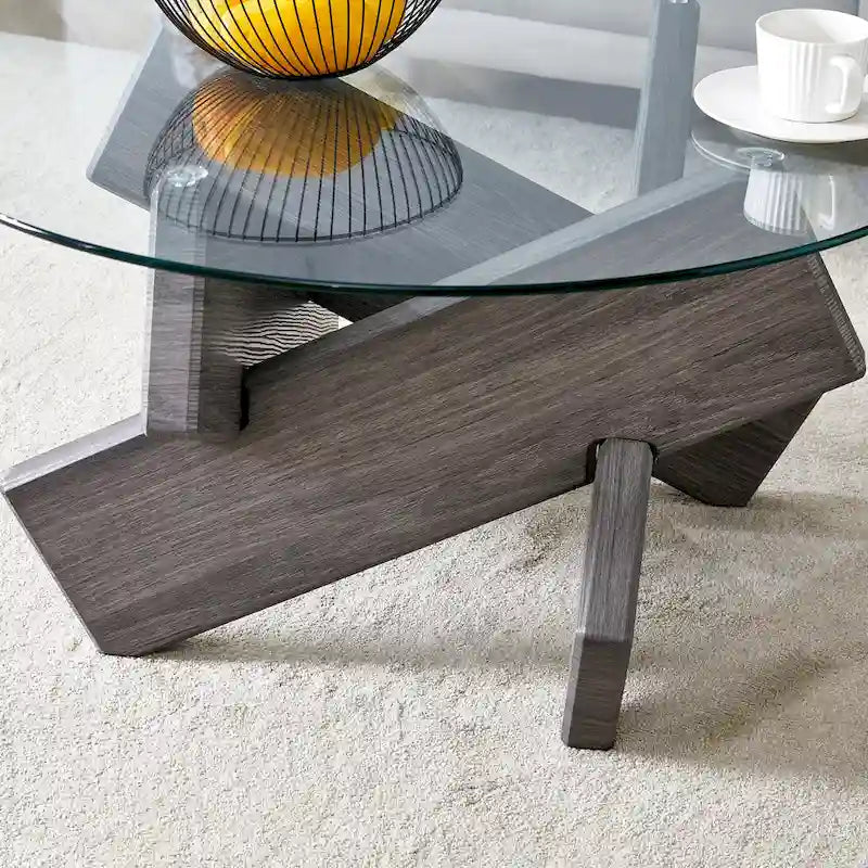 Table basse ronde moderne de 33,4 po avec plateau en verre trempé transparent et pieds en MDF pour le salon