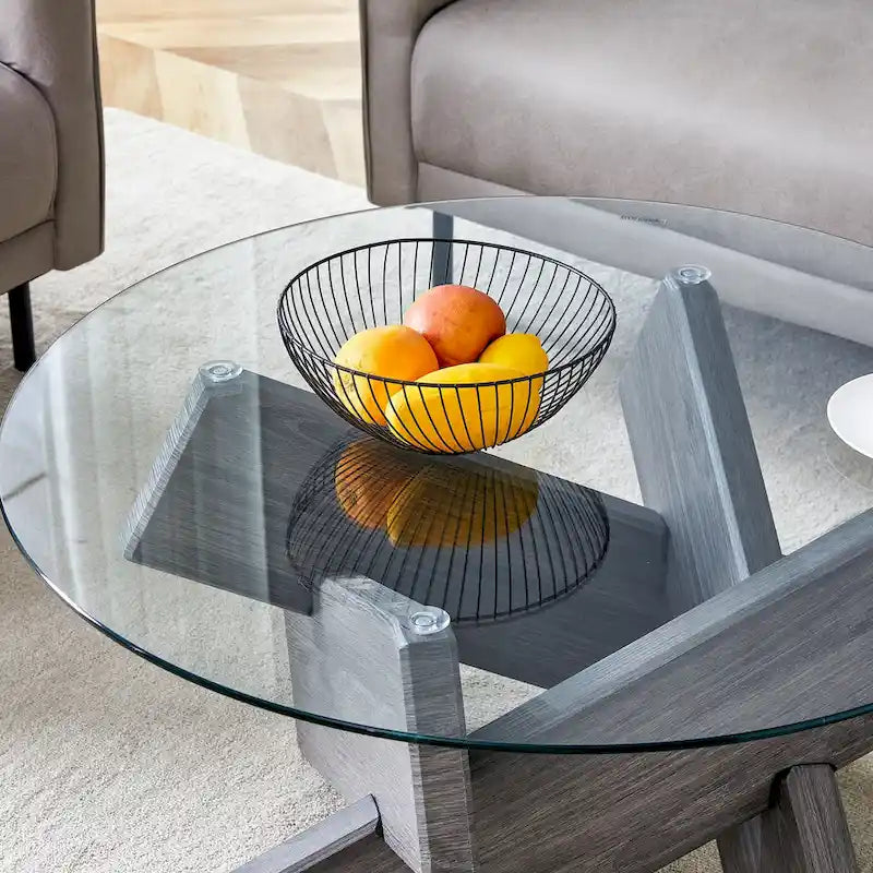 Table basse ronde moderne de 33,4 po avec plateau en verre trempé transparent et pieds en MDF pour le salon