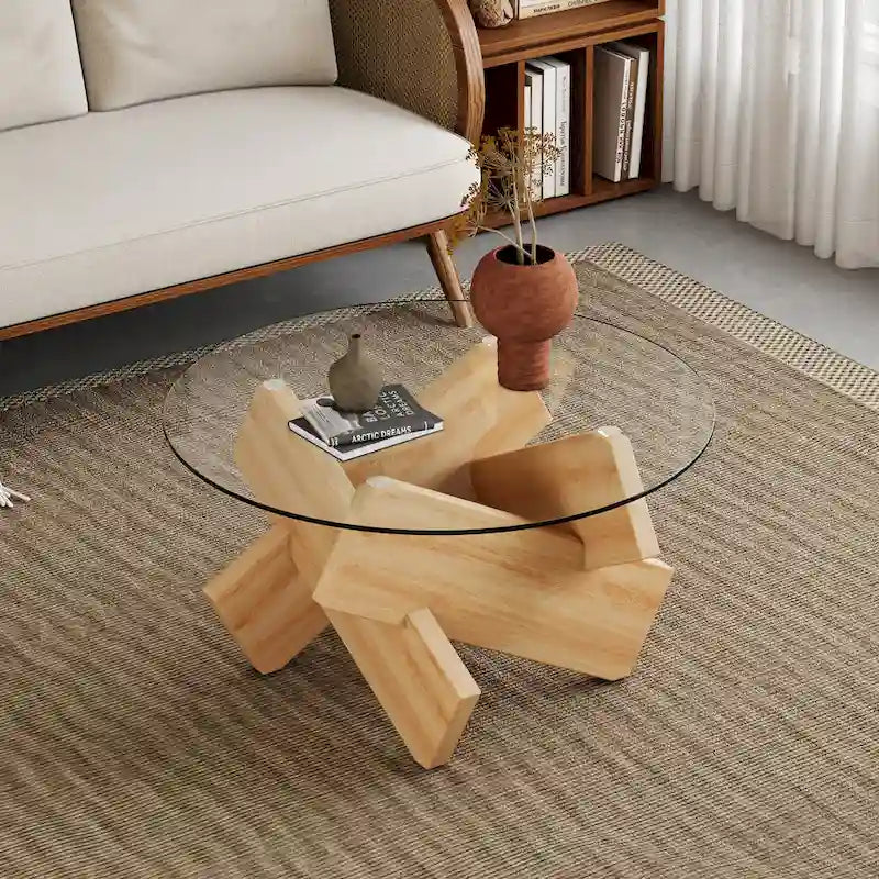 Table basse ronde moderne de 33,4 po avec plateau en verre trempé transparent et pieds en MDF pour le salon