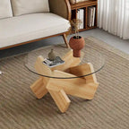 Table basse ronde moderne de 33,4 po avec plateau en verre trempé transparent et pieds en MDF pour le salon