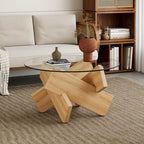 Table basse ronde moderne de 33,4 po avec plateau en verre trempé transparent et pieds en MDF pour le salon