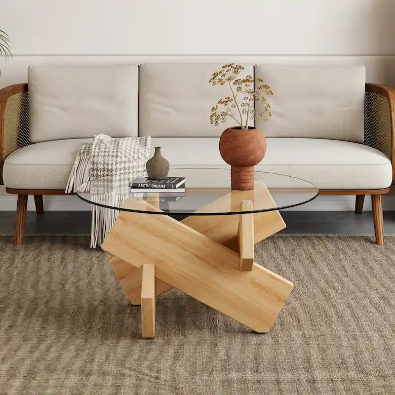 Table basse ronde moderne de 33,4 po avec plateau en verre trempé transparent et pieds en MDF pour le salon